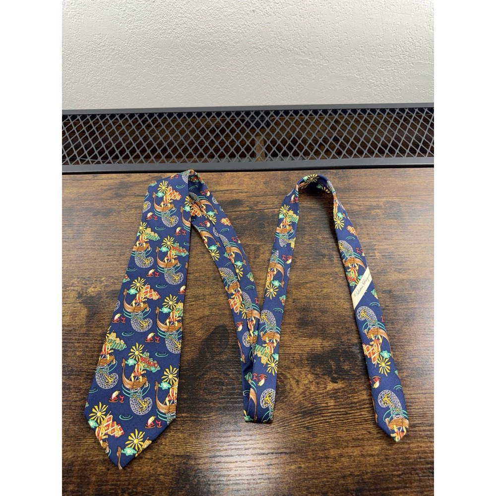 Vintage Salvatore Ferragamo Silk Tie Navy Viking Ship Medieval Novelty Italy